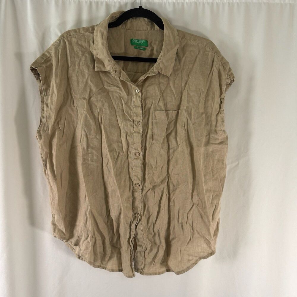 United Colors of Benetton Pure Linen Blouse Womens XL Brown Sleeveless Button Up